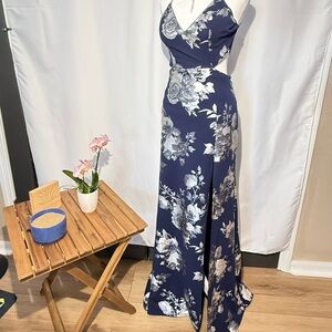 Windsor Dress Womens Romantic Navy Floral Metallic Maxi Gown Open Back Formal
